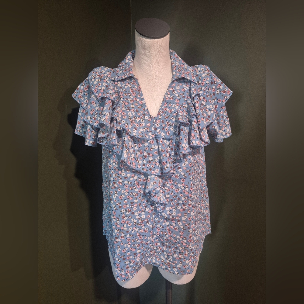 Blue Floral Ruffle Blouse - Collar